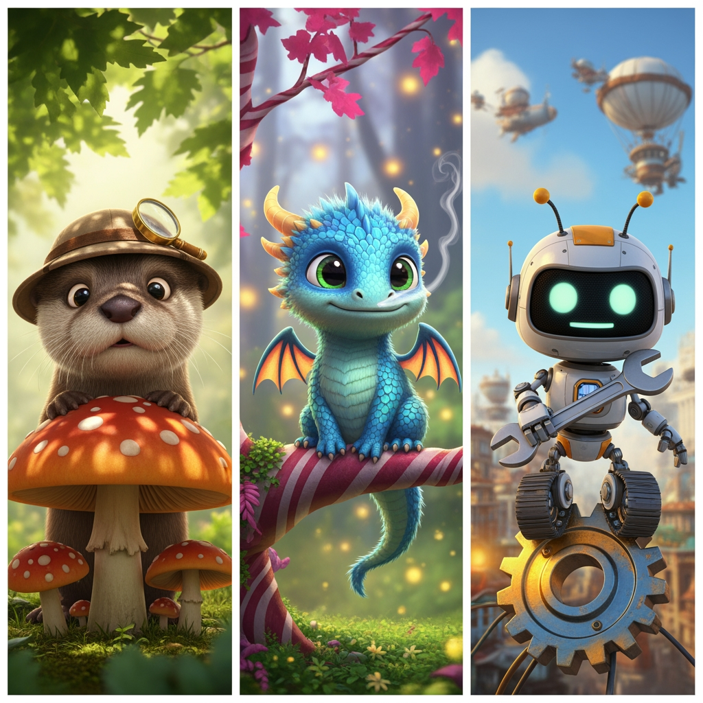 AI Design for Make me three character images that will make the kids continue the video when they see them and the characters will be in Ultra HD quality 8K hyper realistic.