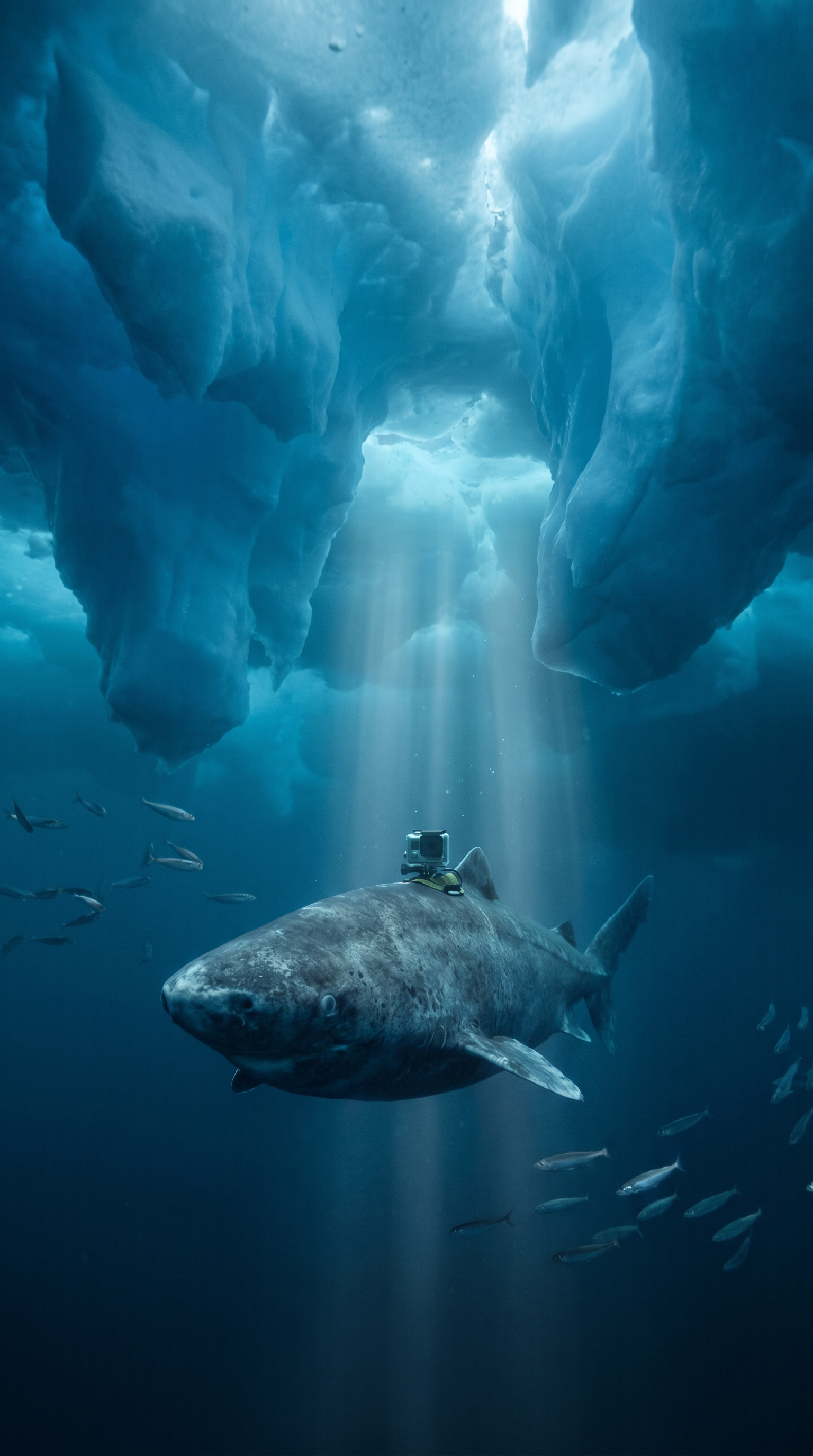 AI Design for Third-person cinematic tracking shot following the shark beneath thick Greenland sea ice. The newly attached camera is visible on its body. Massive blue ice formations hang overhead like frozen cathedrals. The shark glides deeper through crystal-clear Arctic water. Schools of fish scatter naturally. Sunlight filters through cracks in the ice, creating moving shafts of volumetric light. Slow cinematic drone-like underwater movement mixed with realistic underwater currents. Ice groans echo through the environment. Strong sense of scale, realistic aquatic physics, immersive nature documentary style, tension gradually building.