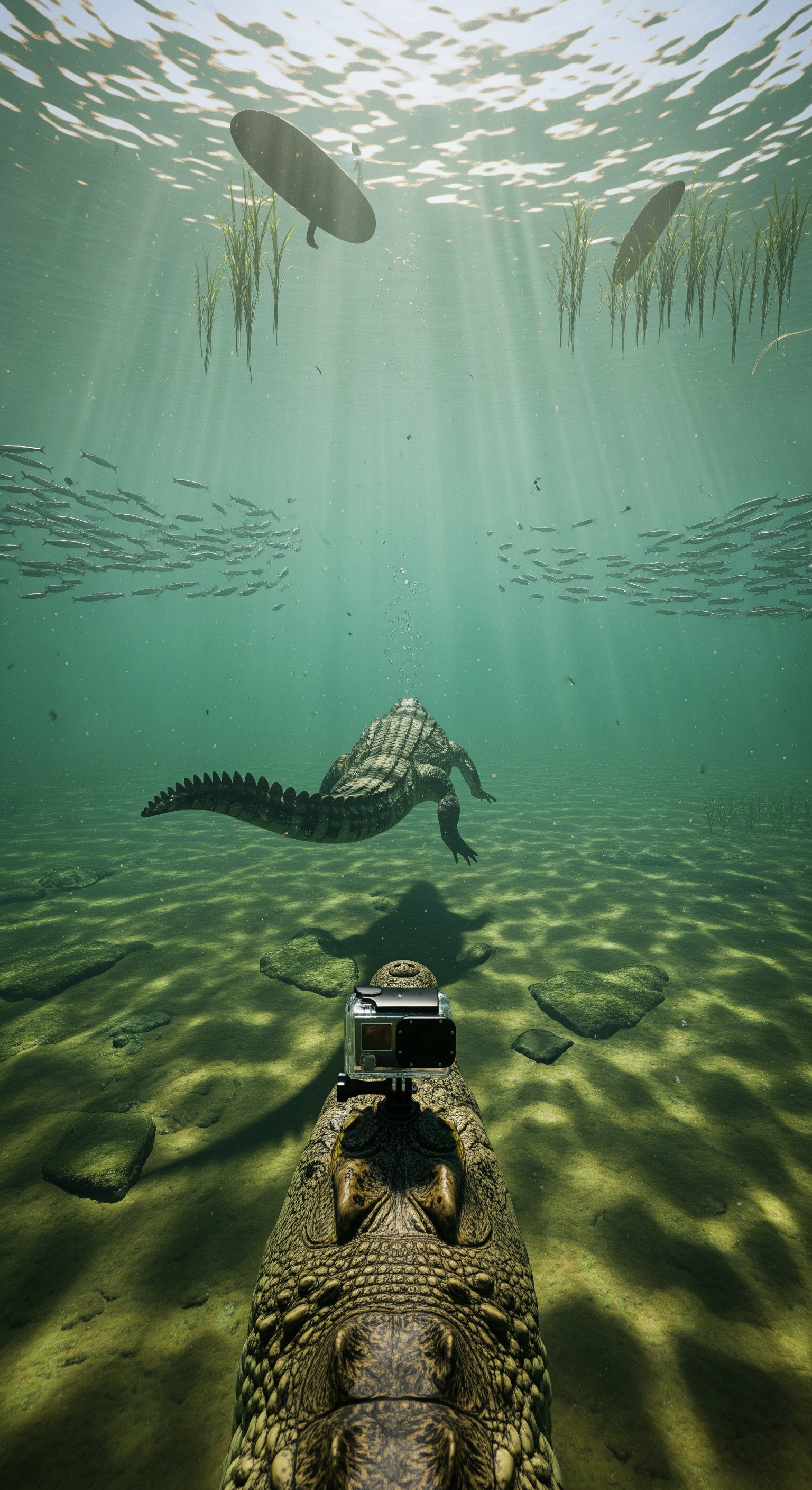 AI Design for First-person crocodile GoPro perspective, swimming beneath the Nile River surface, wide-angle action camera lens distortion, subtle body sway with each tail movement, murky green water illuminated by shafts of sunlight piercing through the river, schools of fish scattering away, floating reeds drifting overhead, realistic underwater particles, dynamic shadows dancing across ancient river stones, slow suspenseful exploration deeper into unexplored territory, cinematic volumetric light rays, realistic water physics, immersive documentary realism, tension gradually building.