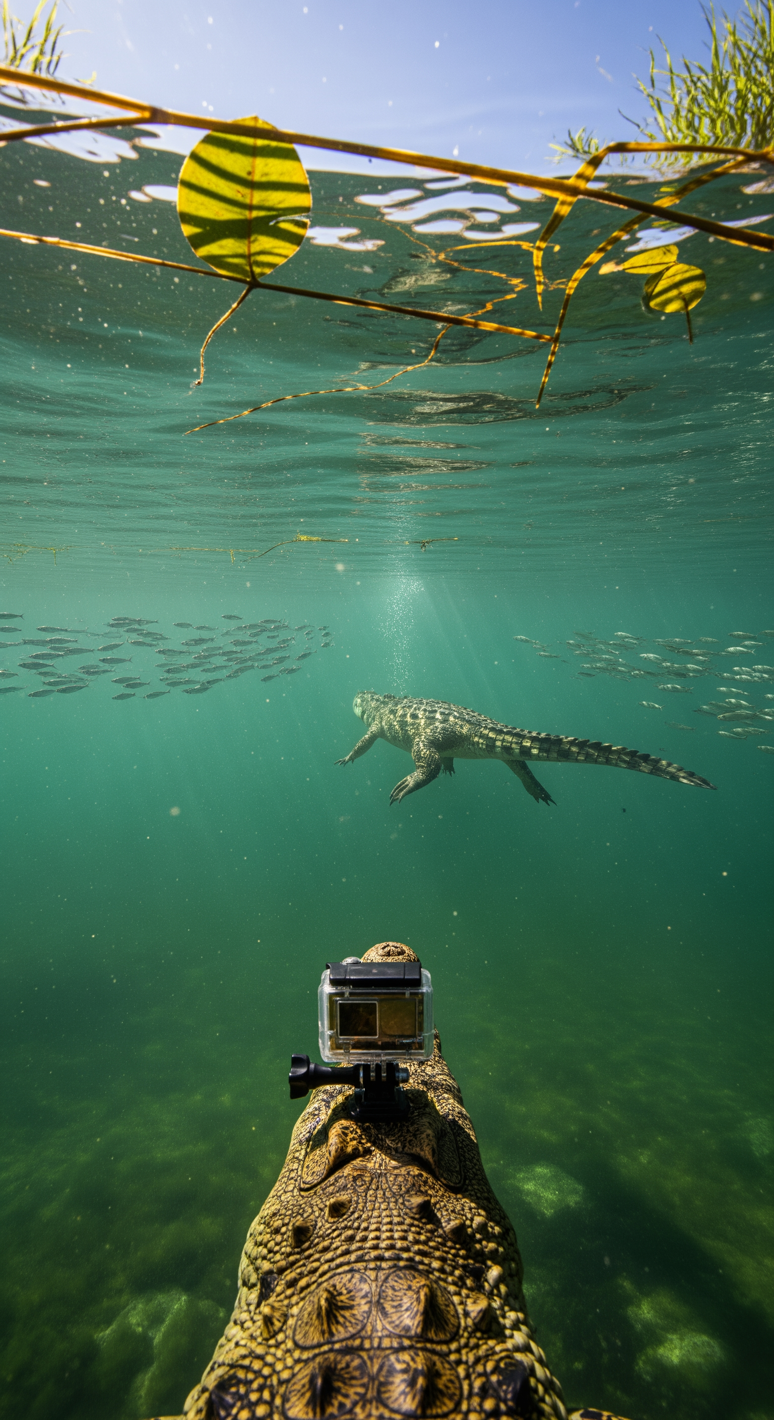 AI Design for First-person crocodile GoPro perspective, swimming beneath the Nile River surface, wide-angle action camera lens distortion, subtle body sway with each tail movement, murky green water illuminated by shafts of sunlight piercing through the river, schools of fish scattering away, floating reeds drifting overhead, realistic underwater particles, dynamic shadows dancing across ancient river stones, slow suspenseful exploration deeper into unexplored territory, cinematic volumetric light rays, realistic water physics, immersive documentary realism, tension gradually building.