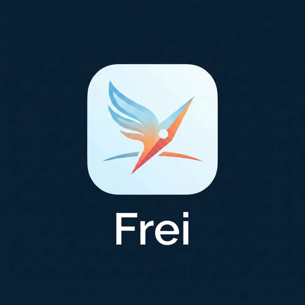 AI Design for A modern, minimalist logo design for a travel app named Frei. The design should feature a clean, abstract icon representing freedom and journey, such as a stylized bird wing merging with a horizon line or a compass needle pointing upward. Use a sophisticated color palette of airy blues and warm sunset oranges to evoke memories and planning. The aesthetic should be sleek, professional, and scalable, suitable for a mobile app icon.
