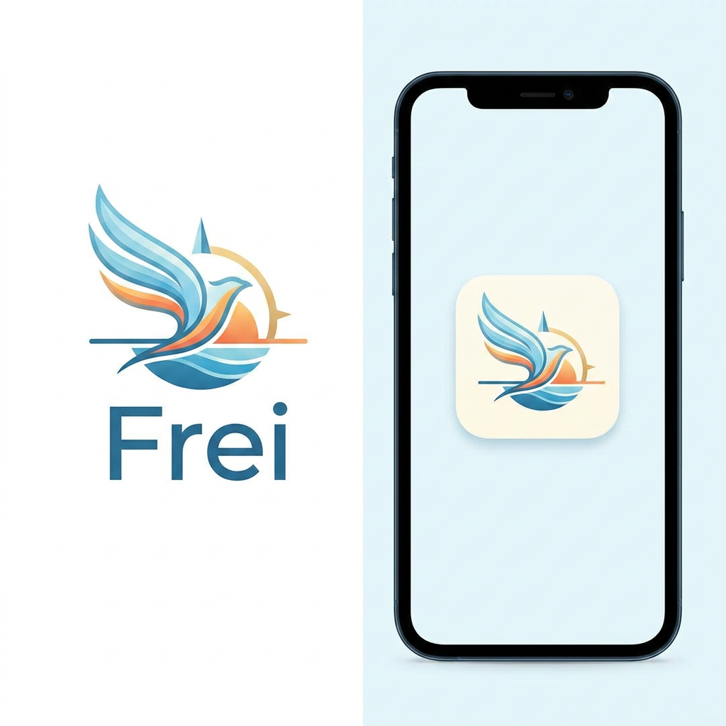 AI Design for A modern, minimalist logo design for a travel app named Frei. The design should feature a clean, abstract icon representing freedom and journey, such as a stylized bird wing merging with a horizon line or a compass needle pointing upward. Use a sophisticated color palette of airy blues and warm sunset oranges to evoke memories and planning. The aesthetic should be sleek, professional, and scalable, suitable for a mobile app icon.