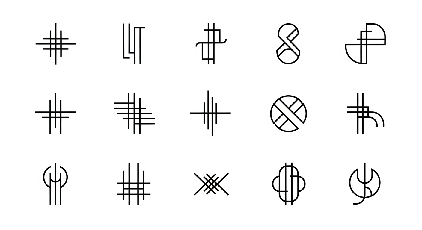 AI Design for 12 minimal, very unique luxury brand icon. black outline on white background. use only 2-3 straight and curved lines. keep it very minimal, abstract and elegant.  dont's : no alphabets, no numbers, no spirals, no ritual marks, no ancient symbols, no nature, no animals, no flowers, no objects.