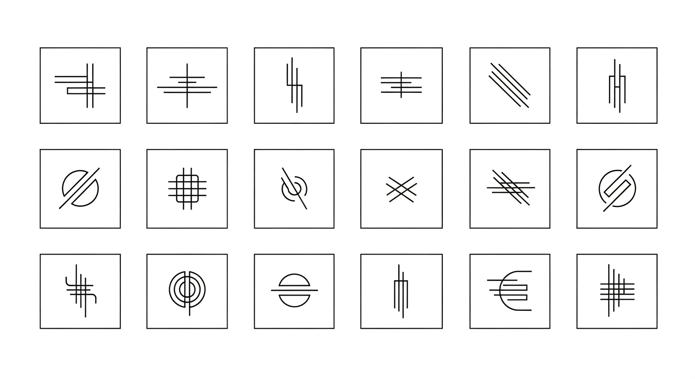 AI Design for 12 minimal, very unique luxury brand icon. black outline on white background. use only 2-3 straight and curved lines. keep it very minimal, abstract and elegant.  dont's : no alphabets, no numbers, no spirals, no ritual marks, no ancient symbols, no nature, no animals, no flowers, no objects.