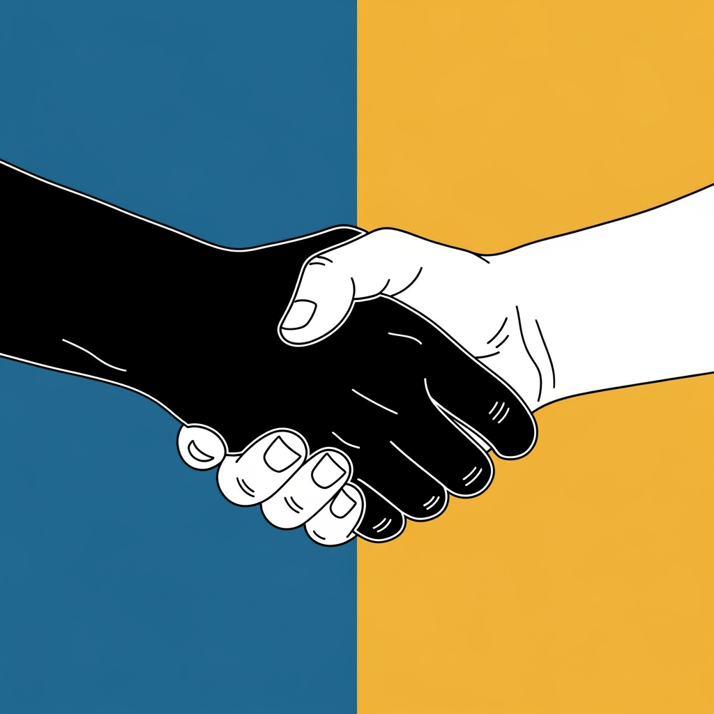 AI Design for generate a lottie animation on the same color theme previously we used. Close-up video still of a handshake, contrasting black and white hands, symbolizing unity. Side angle with a bold, split-color background.