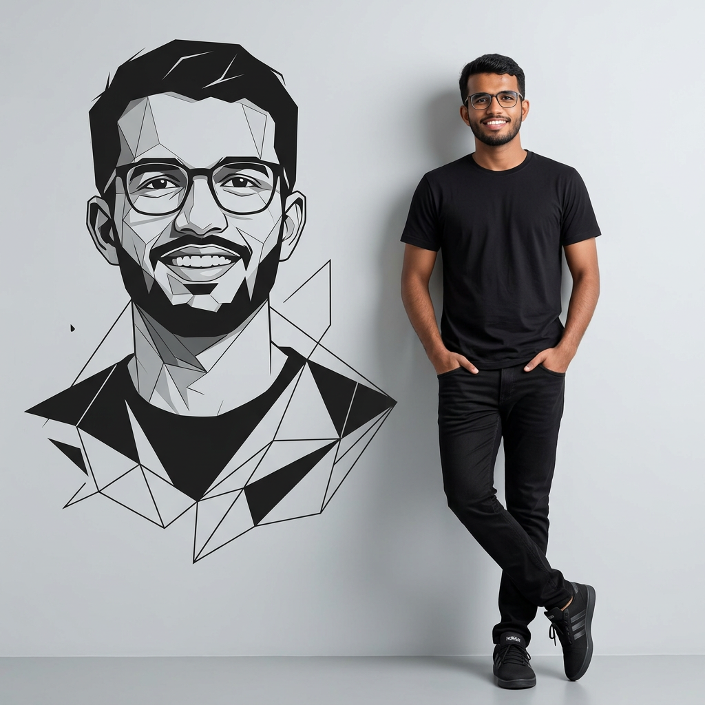AI Design for Ultra-realistic, full-body 8K portrait of [the person in the photo], wearing a black t-shirt, black stretch jeans, and black adidas sneakers. Leaning casually and unpretentiously against a smooth, light gray studio wall, with hands in pockets and one leg crossed, they display a relaxed and confident body language. Add to the wall next to them a prominent black and white vector portrait of their face and torso, featuring sharp lines and angles, overlapping polygonal shapes, and a modern, minimalist graphic style,. Dimensions: 1080x1080.