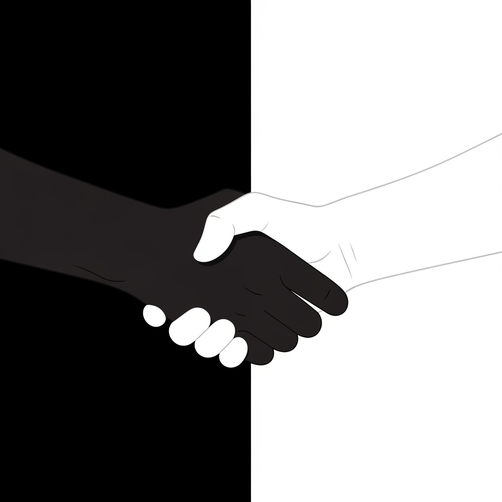 AI Design for generate a lottie animation on the same color theme previously we used. Close-up video still of a handshake, contrasting black and white hands, symbolizing unity. Side angle with a bold, split-color background.