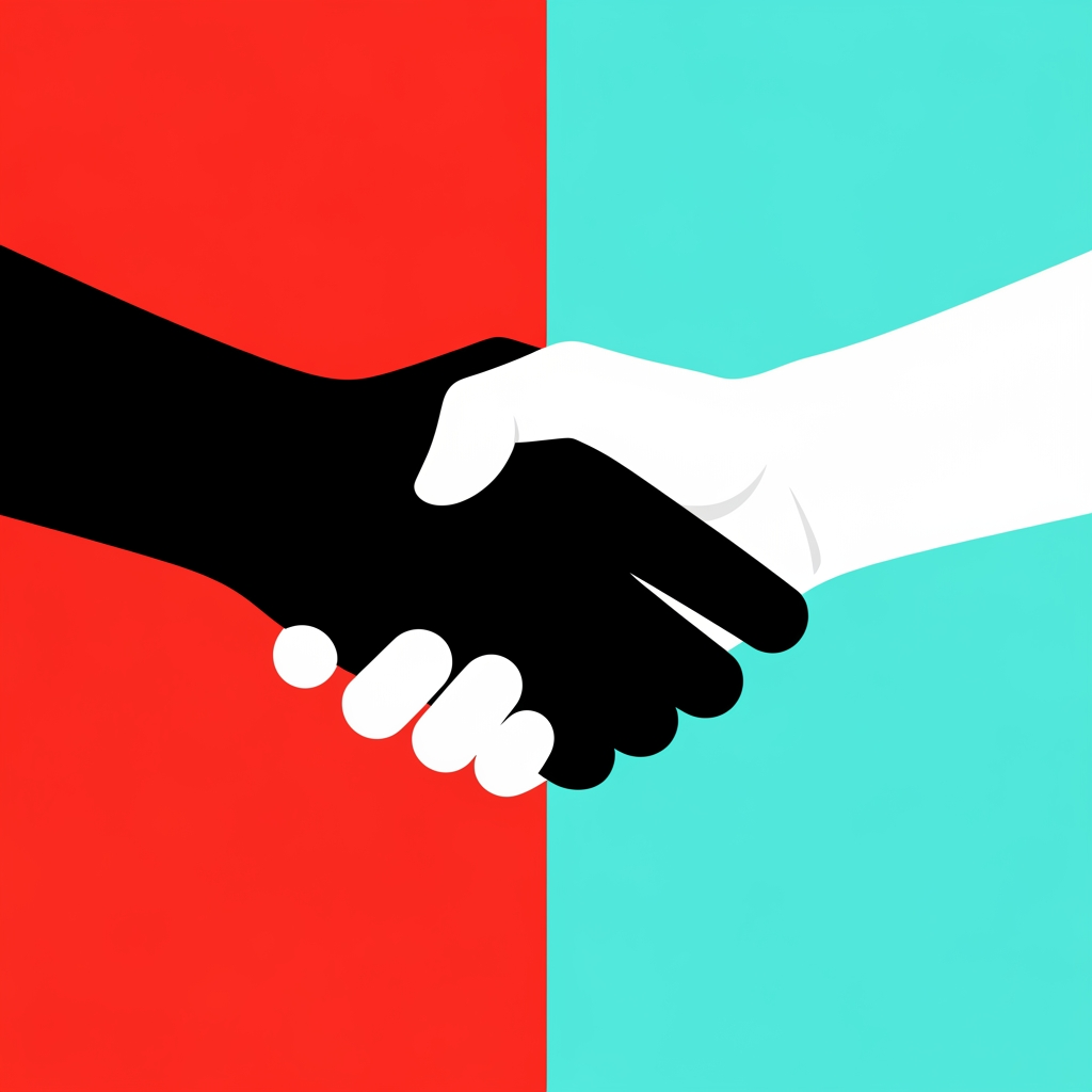 AI Design for generate a lottie animation on the same color theme previously we used. Close-up video still of a handshake, contrasting black and white hands, symbolizing unity. Side angle with a bold, split-color background.