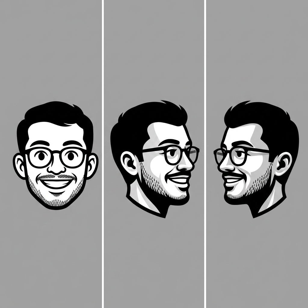 AI Design for design me a logo for my personal webiste, here the sample reference. and I attached my actual image here. so i want to get two three variations for my logo. 1. front facing, 2. looking to left and 3. looking to right. the size should be 300x300. only the head portion required. refer the first image for the color theme, and second image for the output type and third one is my image.