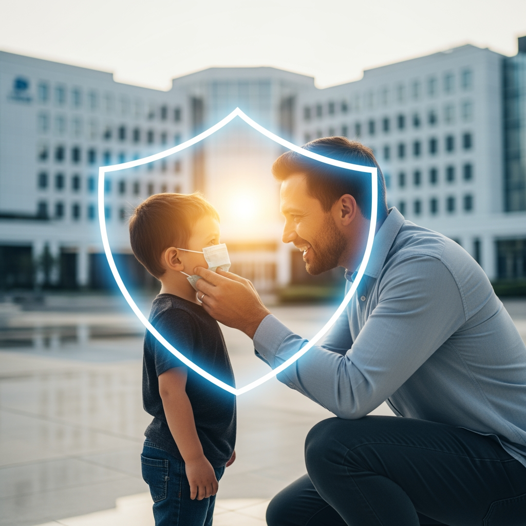 AI Design for Ultra-premium Father's Day healthcare campaign for PSI Dispo Healthcare, photorealistic father gently helping his young son wear a surgical face mask, emotional father-son bonding moment, father kneeling down at child's eye level, warm smile, caring expression, child looking up with trust and admiration, symbolizing guidance, protection and responsibility. Modern healthcare campus in the background with elegant glass hospital architecture, soft golden sunrise light directly behind them creating cinematic rim lighting and beautiful sun flare. Transparent glowing healthcare shield surrounding both figures, representing safety and protection.

Luxury healthcare advertising photography, ultra-sharp facial details, crystal-clear eyes, realistic skin textures, natural expressions, high-end commercial photoshoot, premium blue and white healthcare color palette, reflective marble floor, subtle depth of field, HDR lighting, volumetric sunlight, soft bokeh background, award-winning international advertising campaign style, magazine cover quality, healthcare excellence concept, clean composition, large negative space for headline and branding, ultra detailed environment, realistic shadows, premium corporate aesthetic, hyper-realistic photography, razor-sharp focus on father and child, no blur, no distortion, anatomically correct hands and faces, professional healthcare branding visual.

Shot on Hasselblad X2D 100C, 85mm lens, f/2.8, HDR, global illumination, ray tracing, cinematic color grading, ultra realistic textures, 8K Ultra HD, 16K details, masterpiece, commercial advertising quality, Instagram portrait 1080×1350, no watermark, no text, no logo, no extra people, no product clutter, clean premium healthcare background.