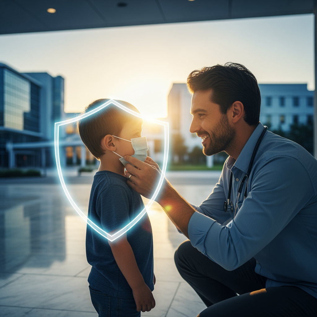 AI Design for Ultra-premium Father's Day healthcare campaign for PSI Dispo Healthcare, photorealistic father gently helping his young son wear a surgical face mask, emotional father-son bonding moment, father kneeling down at child's eye level, warm smile, caring expression, child looking up with trust and admiration, symbolizing guidance, protection and responsibility. Modern healthcare campus in the background with elegant glass hospital architecture, soft golden sunrise light directly behind them creating cinematic rim lighting and beautiful sun flare. Transparent glowing healthcare shield surrounding both figures, representing safety and protection.

Luxury healthcare advertising photography, ultra-sharp facial details, crystal-clear eyes, realistic skin textures, natural expressions, high-end commercial photoshoot, premium blue and white healthcare color palette, reflective marble floor, subtle depth of field, HDR lighting, volumetric sunlight, soft bokeh background, award-winning international advertising campaign style, magazine cover quality, healthcare excellence concept, clean composition, large negative space for headline and branding, ultra detailed environment, realistic shadows, premium corporate aesthetic, hyper-realistic photography, razor-sharp focus on father and child, no blur, no distortion, anatomically correct hands and faces, professional healthcare branding visual.

Shot on Hasselblad X2D 100C, 85mm lens, f/2.8, HDR, global illumination, ray tracing, cinematic color grading, ultra realistic textures, 8K Ultra HD, 16K details, masterpiece, commercial advertising quality, Instagram portrait 1080×1350, no watermark, no text, no logo, no extra people, no product clutter, clean premium healthcare background.