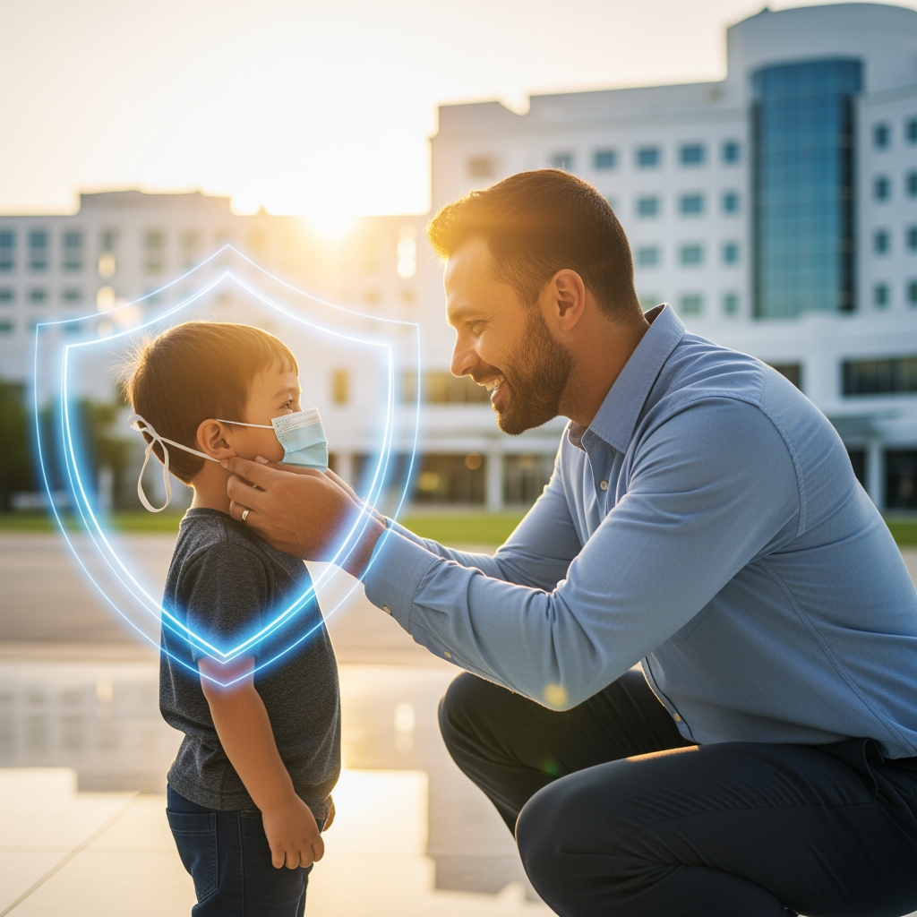 AI Design for Ultra-premium Father's Day healthcare campaign for PSI Dispo Healthcare, photorealistic father gently helping his young son wear a surgical face mask, emotional father-son bonding moment, father kneeling down at child's eye level, warm smile, caring expression, child looking up with trust and admiration, symbolizing guidance, protection and responsibility. Modern healthcare campus in the background with elegant glass hospital architecture, soft golden sunrise light directly behind them creating cinematic rim lighting and beautiful sun flare. Transparent glowing healthcare shield surrounding both figures, representing safety and protection.

Luxury healthcare advertising photography, ultra-sharp facial details, crystal-clear eyes, realistic skin textures, natural expressions, high-end commercial photoshoot, premium blue and white healthcare color palette, reflective marble floor, subtle depth of field, HDR lighting, volumetric sunlight, soft bokeh background, award-winning international advertising campaign style, magazine cover quality, healthcare excellence concept, clean composition, large negative space for headline and branding, ultra detailed environment, realistic shadows, premium corporate aesthetic, hyper-realistic photography, razor-sharp focus on father and child, no blur, no distortion, anatomically correct hands and faces, professional healthcare branding visual.

Shot on Hasselblad X2D 100C, 85mm lens, f/2.8, HDR, global illumination, ray tracing, cinematic color grading, ultra realistic textures, 8K Ultra HD, 16K details, masterpiece, commercial advertising quality, Instagram portrait 1080×1350, no watermark, no text, no logo, no extra people, no product clutter, clean premium healthcare background.