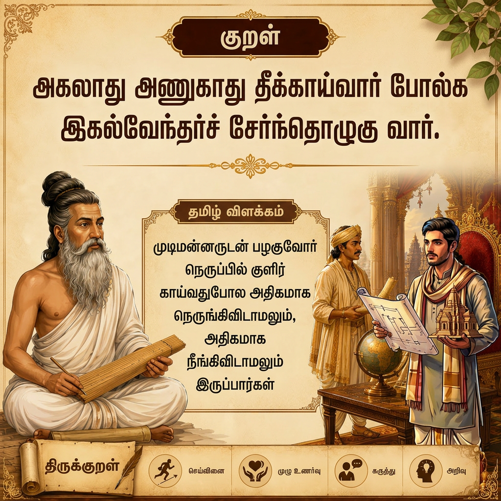 AI Design for this IS A  model poster, provide a poster 1920*1080 pix size  for the kural and Follow the format i provide 1st line 
அகலாது அணுகாது தீக்காய்வார் போல்க 
and 2nd line  
இகல்வேந்தர்ச் சேர்ந்தொழுகு வார்.

Tamil meaning
முடிமன்னருடன் பழகுவோர் நெருப்பில் குளிர் காய்வதுபோல அதிகமாக நெருங்கிவிடாமலும், அதிகமாக நீங்கிவிடாமலும் இருப்பார்கள்

Top badge — "குறள்" title in the dark brown ribbon Main kural lines — both lines displayed large and bold in dark brown Divider with gold ornament Left — illustrated sage (Thiruvalluvar) with beard, jata, palm-leaf scroll Center — "தமிழ் விளக்கம்" label box with the Tamil meaning inside a decorative bordered box

Right — illustrated modern thinker holding a blueprint and temple model Bottom bar — திருக்குறள் scroll logo + four icon-labels (செய்வினை, முழு உணர்வு, கருத்து, அறிவு) Corner ornaments and leaf decoration in the top-right, matching the vintage parchment aesthetic  
A king in ornate golden robes seated on a throne,  a visitor in traditional attire holding a scroll,
 a globe on a wooden table,richly decorated palace architecture in the background, warm color palette of golds and browns, intricate patterns on clothing,soft lighting enhancing facial expressions./AND Follow this format OK