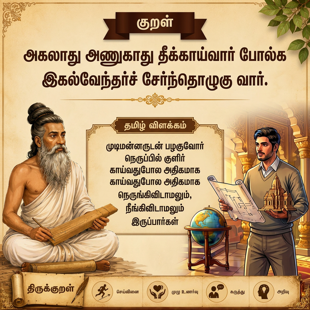 AI Design for this IS A  model poster, provide a poster 1920*1080 pix size  for the kural and Follow the format i provide 1st line 
அகலாது அணுகாது தீக்காய்வார் போல்க 
and 2nd line  
இகல்வேந்தர்ச் சேர்ந்தொழுகு வார்.

Tamil meaning
முடிமன்னருடன் பழகுவோர் நெருப்பில் குளிர் காய்வதுபோல அதிகமாக நெருங்கிவிடாமலும், அதிகமாக நீங்கிவிடாமலும் இருப்பார்கள்

Top badge — "குறள்" title in the dark brown ribbon Main kural lines — both lines displayed large and bold in dark brown Divider with gold ornament Left — illustrated sage (Thiruvalluvar) with beard, jata, palm-leaf scroll Center — "தமிழ் விளக்கம்" label box with the Tamil meaning inside a decorative bordered box

Right — illustrated modern thinker holding a blueprint and temple model Bottom bar — திருக்குறள் scroll logo + four icon-labels (செய்வினை, முழு உணர்வு, கருத்து, அறிவு) Corner ornaments and leaf decoration in the top-right, matching the vintage parchment aesthetic  
A king in ornate golden robes seated on a throne,  a visitor in traditional attire holding a scroll,
 a globe on a wooden table,richly decorated palace architecture in the background, warm color palette of golds and browns, intricate patterns on clothing,soft lighting enhancing facial expressions./AND Follow this format OK