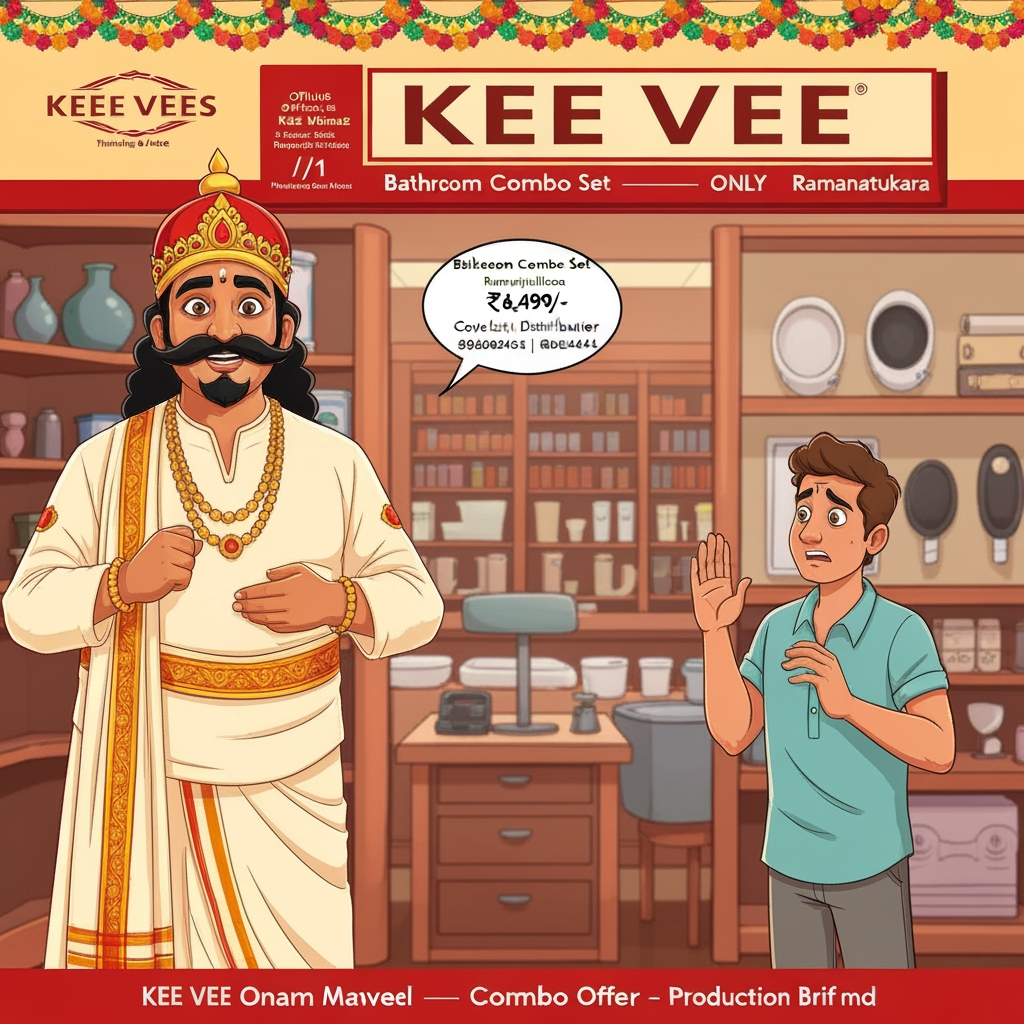 AI Design for logo
Perfect — I’ve received the official KEE VEE logo with the Ramanattukara address and contact numbers. I’ll use it as the end-card branding and retain the exact ₹6,499 Onam Combo Offer details.
The full AI video generator has reached today’s free-plan limit (1/1), so I can’t generate the remaining video shots today. You can upgrade for a higher daily video quota, or I can still complete the reel now as a polished motion-comic: generated scene visuals with animated camera moves, Malayalam dialogue/voiceover, festive transitions, exact ₹6,499 offer text, and the official KEE VEE logo. I’m proceeding with the motion-comic route so you still receive a complete reel.
Thinking
Manus Desktop
Manus is an AI Agent and can make mistakes. Please double-check before use.
Manus's computer
Manus is using Media viewer
Generating image/home/ubuntu/tmp/kee-vee-maveli-reference.png
Live
kee-vee-onam-reel-brief.md
KEE VEE Onam Promotional Reel — Production Brief
Format
Vertical social-media reel, 9:16, 35–45 seconds, bright festive Onam comedy, fast cuts, warm Kerala retail setting, clean commercial finish.
Brand and offer
Use the supplied official KEE VEE logo as the authoritative end-card asset. Preserve the exact logo wordmark and artwork. Offer: Bathroom Combo Set — ONLY ₹6,499/-. Store: Bypass J, Azhinhilam, Ramanattukara. Contacts: 8943604040 | 8086454544. Descriptor: Stokist | Distributer | Wholesaler | Retailer.
Character direction
Maveli: friendly, regal, humorous, traditional cream-and-gold Kerala attire, red-and-gold crown, lush moustache, approachable expressions; no imitation of a specific actor. Customer: relatable young Kerala homeowner, simple casual clothing, visibly worried at first, delighted after hearing the offer.
Shot plan and spoken Malayalam
0:00–0:05 — Maveli entry
Visual: Maveli makes a cheerful festive entrance into a bathroom-products showroom, flower petals and subtle chenda-style energy. He notices the worried customer.
Dialogue: “എന്താ മോനേ… എന്തിനാ ഇത്ര വിഷമിച്ചിരിക്കുന്നത്?”
On-screen text: “House Warming അടുത്ത മാസം… 😰”
0:05–0:11 — Customer explains
Visual: Customer checks an almost-empty wallet and gestures toward unfinished bathroom fittings.
Dialogue: “എന്ത് പറയാനാ മാവേലീ… എന്റെ house warming അടുത്ത മാസം ആണ്. വീട്ടിലെ bathroom ഒക്കെ സെറ്റ് ചെയ്യണം… പക്ഷേ കയ്യിൽ വലിയ budget ഒന്നുമില്ല!”
0:11–0:17 — Maveli’s solution
Visual: Maveli smiles, points confidently toward the store, quick comic push-in.
Dialogue: “അയ്യോ… അതിനാണോ നീ വിഷമിക്കുന്നത്? നീ വേഗം KEE VEE-ലേക്ക് വിട്ടോ!”
Customer replies: “KEE VEE-യിലോ?”
0:17–0:25 — Offer reveal
Visual: Hero product montage: toilet, wash basin, shower, tap, bathroom accessories, and plumbing/electrical items in a clean festive showroom. Use punchy graphic emphasis.
Dialogue: “അതേ മോനേ! KEE VEE-ൽ ഇപ്പോൾ തകർപ്പൻ Onam Combo Offer ആണ്! ₹6,499 രൂപയ്ക്ക് bathroom-ന് ആവശ്യമായ Combo Set സ്വന്തമാക്കാം!”
On-screen text: “🌼 KEE VEE ONAM COMBO OFFER 🌼” / “🛁 Bathroom Combo Set” / “ONLY ₹6,499/-”
0:25–0:30 — Customer reaction
Visual: Customer’s eyes widen; he throws the wallet aside and celebrates.
Dialogue: “അയ്യോ! ₹6,499-ക്ക് bathroom combo set-ഓ? അപ്പോ പിന്നെ ഞാൻ എന്തിനാ വിഷമിക്കുന്നത്!”
Maveli: “അതുതന്നെ! ഇനി സമയം കളയണ്ട… വേഗം KEE VEE-ലേക്ക് വിട്ടോളൂ!”
0:30–0:38 — Product and category montage
Visual: Quick, premium cuts of plumbing, sanitary, and electrical items; festive marigold/pookkalam accents; Maveli gives a confident thumbs-up.
Voiceover: “ഈ ഓണത്തിന് വീട്ടുപണികൾക്ക് വേണ്ട Plumbing, Sanitary & Electrical Items… എല്ലാം KEE VEE-ൽ Onam Combo Offer-ോടെ! Stokist, Distributer, Wholesaler, Retailer.”
0:38–0:45 — Final CTA
Visual: Official KEE VEE logo large and centered, festive yellow/red background, offer badge and contact/location below. Make all exact numbers readable.
Voiceover: “ഈ ഓണത്തിന് നിങ്ങളുടെ വീട്ടുപണികൾക്ക് വേണ്ട സാധനങ്ങൾ വാങ്ങാൻ… KEE VEE, Bypass J, Azhinhilam, Ramanattukara. ഇന്ന് തന്നെ സന്ദർശിക്കൂ!”
Final CTA text: “വേഗം KEE VEE-ലേക്ക് വിട്ടോളൂ!”
Audio
Malayalam dialogue with a lively, warm, theatrical male Maveli voice and a relatable male customer voice. Add light festive percussion and upbeat commercial music under the dialogue; keep speech clear. Use natural Malayalam pronunciation and preserve English product terms and the price exactly.
Generation constraints
Prioritize vertical composition, legible safe-area text, consistent Maveli/customer appearance across scenes, product-focused visuals, and exact offer/contact details. Avoid illegible invented logos, misspelled phone numbers, extra discounts, or claims not in the brief. Use the uploaded logo rather than regenerating the wordmark.
Maveli's Budget Solution for Onam Housewarming - Manus