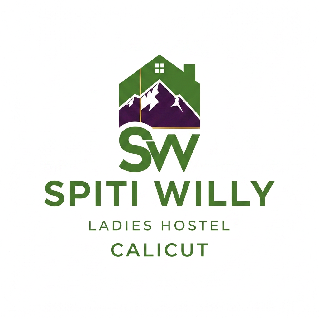 AI Design for can you change the color pink to green can you  and change the font color to green  can you pick the color in given imagge for font color and logo color an you add  Calicut in under the ladies hostel in logo