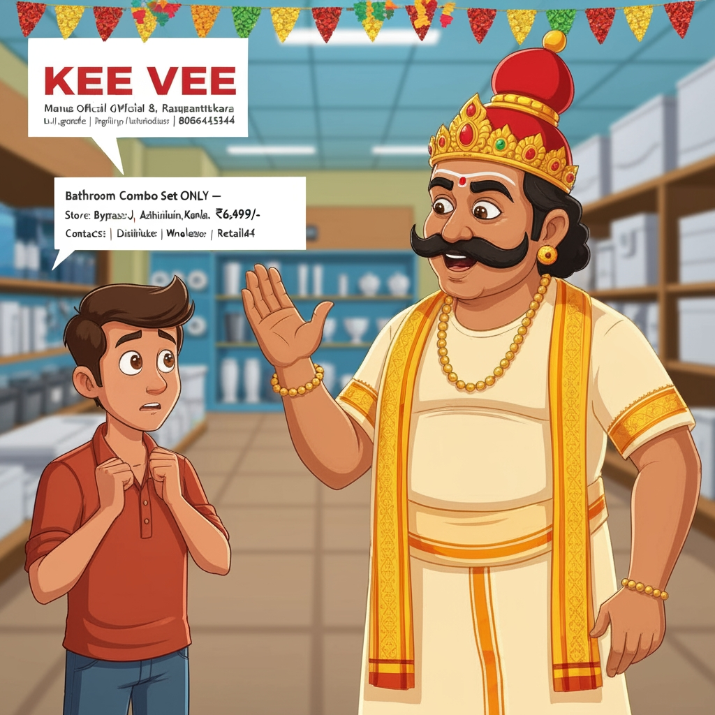 AI Design for logo
Perfect — I’ve received the official KEE VEE logo with the Ramanattukara address and contact numbers. I’ll use it as the end-card branding and retain the exact ₹6,499 Onam Combo Offer details.
The full AI video generator has reached today’s free-plan limit (1/1), so I can’t generate the remaining video shots today. You can upgrade for a higher daily video quota, or I can still complete the reel now as a polished motion-comic: generated scene visuals with animated camera moves, Malayalam dialogue/voiceover, festive transitions, exact ₹6,499 offer text, and the official KEE VEE logo. I’m proceeding with the motion-comic route so you still receive a complete reel.
Thinking
Manus Desktop
Manus is an AI Agent and can make mistakes. Please double-check before use.
Manus's computer
Manus is using Media viewer
Generating image/home/ubuntu/tmp/kee-vee-maveli-reference.png
Live
kee-vee-onam-reel-brief.md
KEE VEE Onam Promotional Reel — Production Brief
Format
Vertical social-media reel, 9:16, 35–45 seconds, bright festive Onam comedy, fast cuts, warm Kerala retail setting, clean commercial finish.
Brand and offer
Use the supplied official KEE VEE logo as the authoritative end-card asset. Preserve the exact logo wordmark and artwork. Offer: Bathroom Combo Set — ONLY ₹6,499/-. Store: Bypass J, Azhinhilam, Ramanattukara. Contacts: 8943604040 | 8086454544. Descriptor: Stokist | Distributer | Wholesaler | Retailer.
Character direction
Maveli: friendly, regal, humorous, traditional cream-and-gold Kerala attire, red-and-gold crown, lush moustache, approachable expressions; no imitation of a specific actor. Customer: relatable young Kerala homeowner, simple casual clothing, visibly worried at first, delighted after hearing the offer.
Shot plan and spoken Malayalam
0:00–0:05 — Maveli entry
Visual: Maveli makes a cheerful festive entrance into a bathroom-products showroom, flower petals and subtle chenda-style energy. He notices the worried customer.
Dialogue: “എന്താ മോനേ… എന്തിനാ ഇത്ര വിഷമിച്ചിരിക്കുന്നത്?”
On-screen text: “House Warming അടുത്ത മാസം… 😰”
0:05–0:11 — Customer explains
Visual: Customer checks an almost-empty wallet and gestures toward unfinished bathroom fittings.
Dialogue: “എന്ത് പറയാനാ മാവേലീ… എന്റെ house warming അടുത്ത മാസം ആണ്. വീട്ടിലെ bathroom ഒക്കെ സെറ്റ് ചെയ്യണം… പക്ഷേ കയ്യിൽ വലിയ budget ഒന്നുമില്ല!”
0:11–0:17 — Maveli’s solution
Visual: Maveli smiles, points confidently toward the store, quick comic push-in.
Dialogue: “അയ്യോ… അതിനാണോ നീ വിഷമിക്കുന്നത്? നീ വേഗം KEE VEE-ലേക്ക് വിട്ടോ!”
Customer replies: “KEE VEE-യിലോ?”
0:17–0:25 — Offer reveal
Visual: Hero product montage: toilet, wash basin, shower, tap, bathroom accessories, and plumbing/electrical items in a clean festive showroom. Use punchy graphic emphasis.
Dialogue: “അതേ മോനേ! KEE VEE-ൽ ഇപ്പോൾ തകർപ്പൻ Onam Combo Offer ആണ്! ₹6,499 രൂപയ്ക്ക് bathroom-ന് ആവശ്യമായ Combo Set സ്വന്തമാക്കാം!”
On-screen text: “🌼 KEE VEE ONAM COMBO OFFER 🌼” / “🛁 Bathroom Combo Set” / “ONLY ₹6,499/-”
0:25–0:30 — Customer reaction
Visual: Customer’s eyes widen; he throws the wallet aside and celebrates.
Dialogue: “അയ്യോ! ₹6,499-ക്ക് bathroom combo set-ഓ? അപ്പോ പിന്നെ ഞാൻ എന്തിനാ വിഷമിക്കുന്നത്!”
Maveli: “അതുതന്നെ! ഇനി സമയം കളയണ്ട… വേഗം KEE VEE-ലേക്ക് വിട്ടോളൂ!”
0:30–0:38 — Product and category montage
Visual: Quick, premium cuts of plumbing, sanitary, and electrical items; festive marigold/pookkalam accents; Maveli gives a confident thumbs-up.
Voiceover: “ഈ ഓണത്തിന് വീട്ടുപണികൾക്ക് വേണ്ട Plumbing, Sanitary & Electrical Items… എല്ലാം KEE VEE-ൽ Onam Combo Offer-ോടെ! Stokist, Distributer, Wholesaler, Retailer.”
0:38–0:45 — Final CTA
Visual: Official KEE VEE logo large and centered, festive yellow/red background, offer badge and contact/location below. Make all exact numbers readable.
Voiceover: “ഈ ഓണത്തിന് നിങ്ങളുടെ വീട്ടുപണികൾക്ക് വേണ്ട സാധനങ്ങൾ വാങ്ങാൻ… KEE VEE, Bypass J, Azhinhilam, Ramanattukara. ഇന്ന് തന്നെ സന്ദർശിക്കൂ!”
Final CTA text: “വേഗം KEE VEE-ലേക്ക് വിട്ടോളൂ!”
Audio
Malayalam dialogue with a lively, warm, theatrical male Maveli voice and a relatable male customer voice. Add light festive percussion and upbeat commercial music under the dialogue; keep speech clear. Use natural Malayalam pronunciation and preserve English product terms and the price exactly.
Generation constraints
Prioritize vertical composition, legible safe-area text, consistent Maveli/customer appearance across scenes, product-focused visuals, and exact offer/contact details. Avoid illegible invented logos, misspelled phone numbers, extra discounts, or claims not in the brief. Use the uploaded logo rather than regenerating the wordmark.
Maveli's Budget Solution for Onam Housewarming - Manus