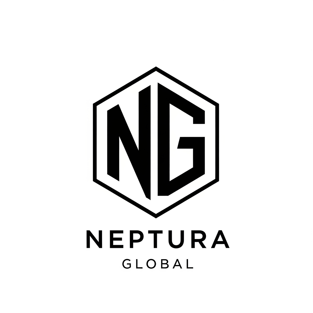 AI Design for A modern, minimalist emblem logo for 'NEPTURA GLOBAL'. An elegant, geometric monogram of the letters 'NG' enclosed within a clean-lined hexagon. The design uses sharp, bold lines to suggest stability and international reach. Professional, premium, corporate branding, monochrome, vector style, flat design, white background."