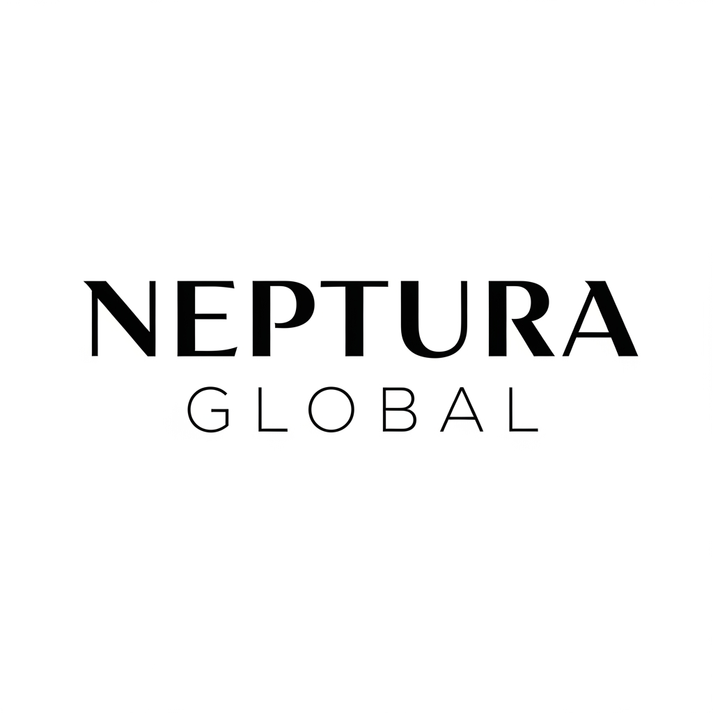 AI Design for A modern, minimalist logo design for a company named 'NEPTURA GLOBAL'. The word 'NEPTURA' is in a heavy, bold, high-end sans-serif typeface, and the word 'GLOBAL' is in a thin, widely-spaced (high kerning) sans-serif typeface directly underneath. The design is monochrome, professional, and clean, with plenty of negative space. High-end corporate branding style."