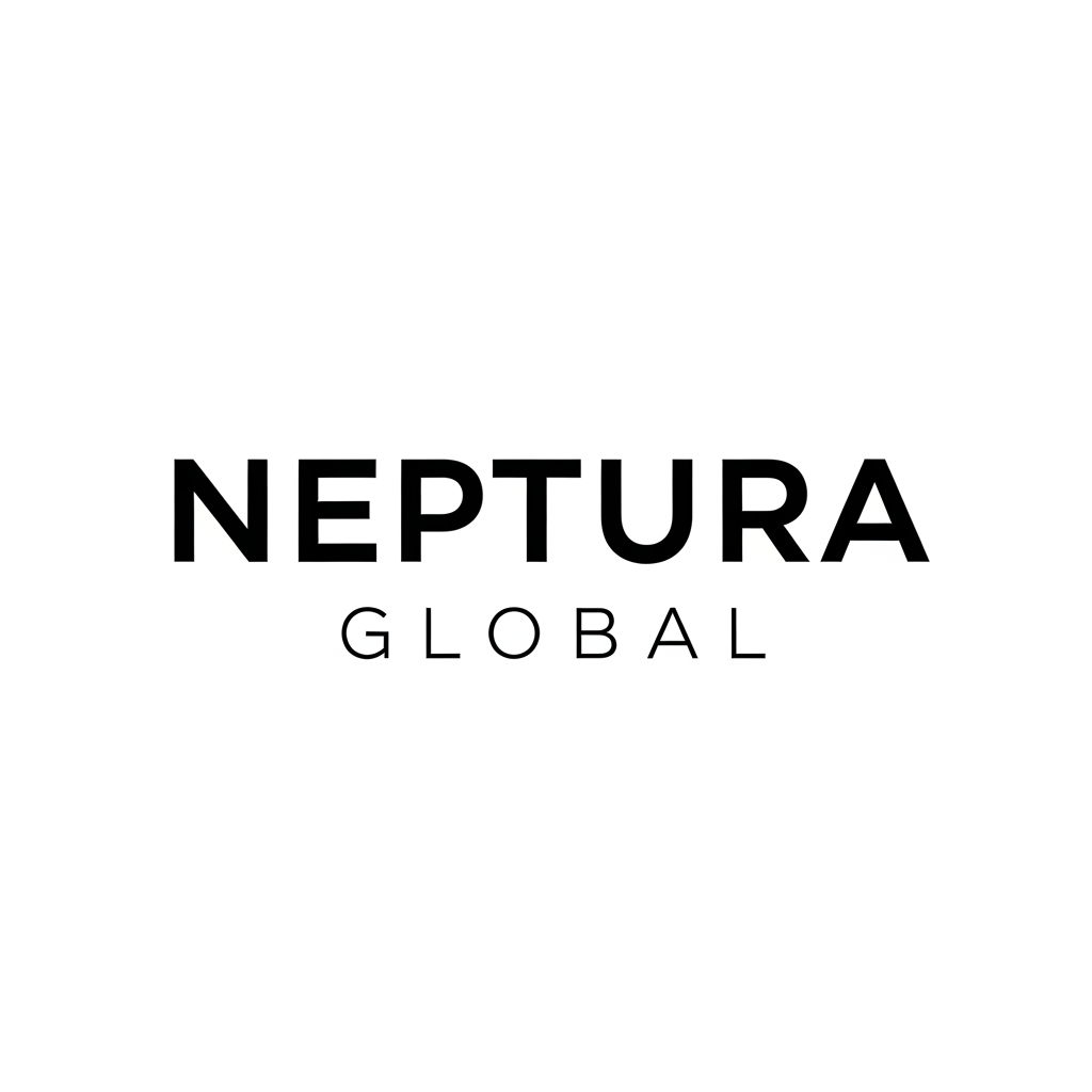 AI Design for A modern, minimalist logo design for a company named 'NEPTURA GLOBAL'. The word 'NEPTURA' is in a heavy, bold, high-end sans-serif typeface, and the word 'GLOBAL' is in a thin, widely-spaced (high kerning) sans-serif typeface directly underneath. The design is monochrome, professional, and clean, with plenty of negative space. High-end corporate branding style."