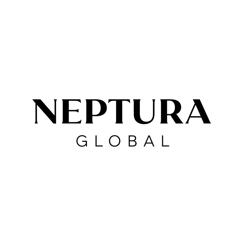 AI Design for A modern, minimalist logo design for a company named 'NEPTURA GLOBAL'. The word 'NEPTURA' is in a heavy, bold, high-end sans-serif typeface, and the word 'GLOBAL' is in a thin, widely-spaced (high kerning) sans-serif typeface directly underneath. The design is monochrome, professional, and clean, with plenty of negative space. High-end corporate branding style."