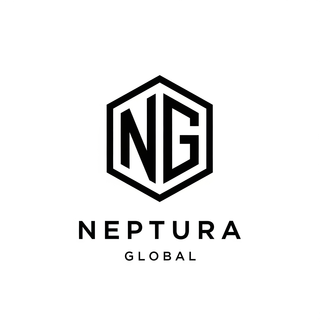 AI Design for A modern, minimalist emblem logo for 'NEPTURA GLOBAL'. An elegant, geometric monogram of the letters 'NG' enclosed within a clean-lined hexagon. The design uses sharp, bold lines to suggest stability and international reach. Professional, premium, corporate branding, monochrome, vector style, flat design, white background."