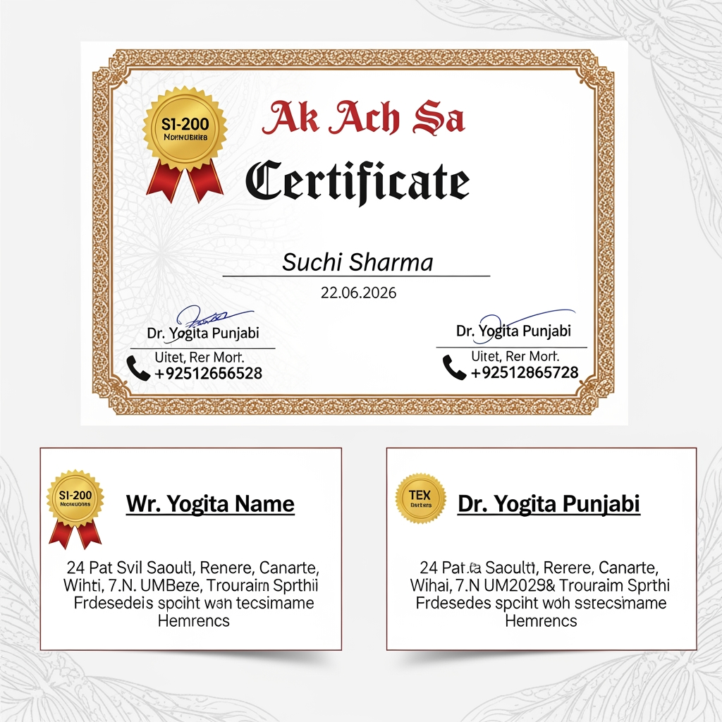 AI Design for ak ach sa certificate  ban ke do bussines listing ka   or signrchar dr yogita punjabi ki kar de na or naam me suchi sharma or dare 22 62026 lik de na