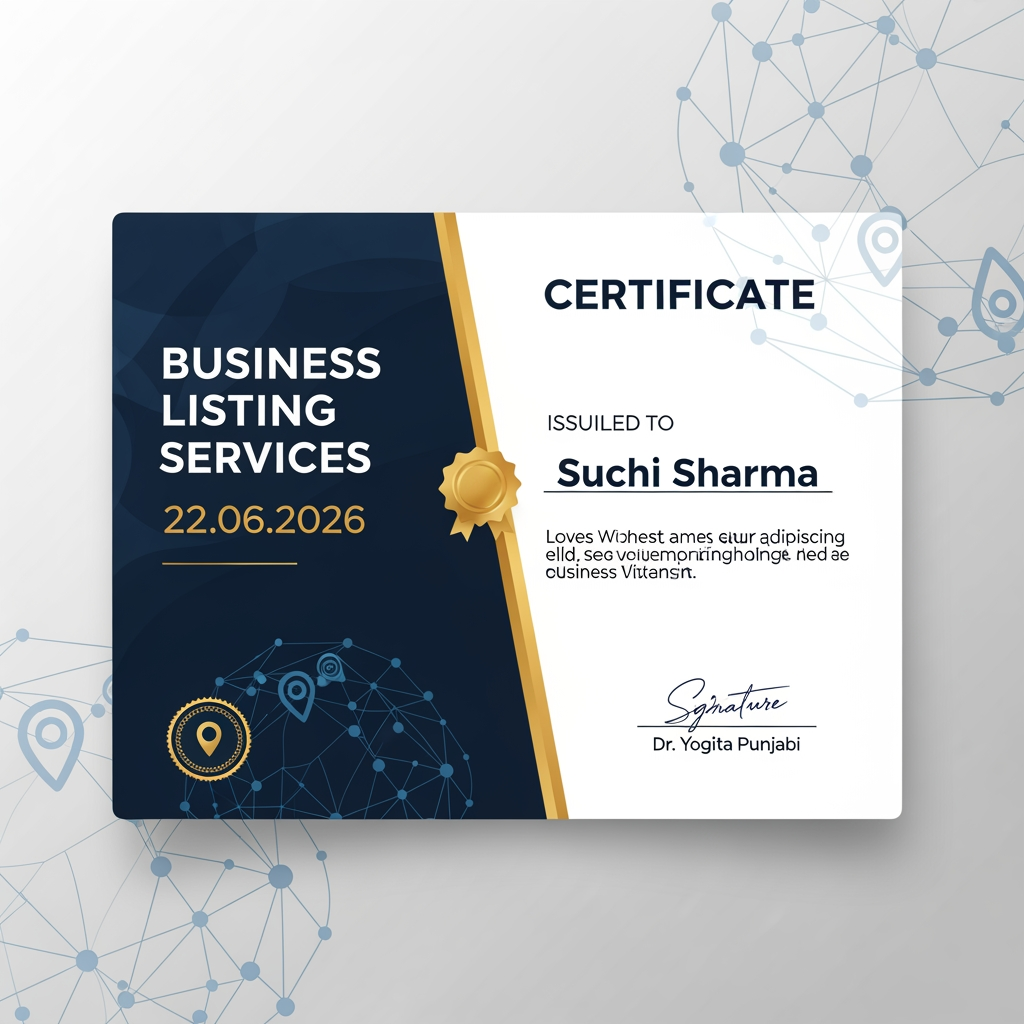 AI Design for ak ach sa certificate  ban ke do bussines listing ka   or signrchar dr yogita punjabi ki kar de na or naam me suchi sharma or dare 22 62026 lik de na  or ach sa ban ke do card type lka