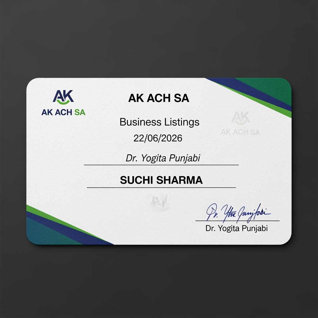 AI Design for ak ach sa certificate  ban ke do bussines listing ka   or signrchar dr yogita punjabi ki kar de na or naam me suchi sharma or dare 22 62026 lik de na  or ach sa ban ke do card type lka