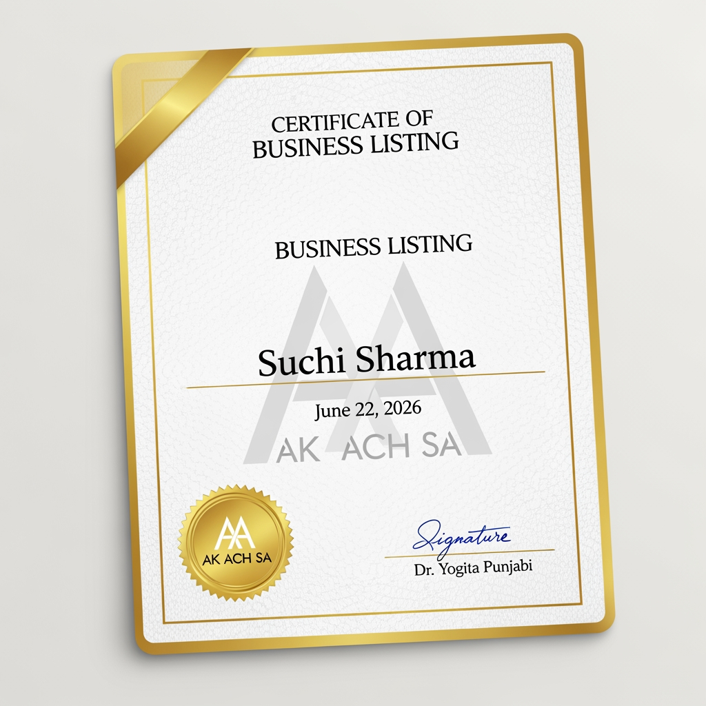 AI Design for ak ach sa certificate  ban ke do bussines listing ka   or signrchar dr yogita punjabi ki kar de na or naam me suchi sharma or dare 22 62026 lik de na  or ach sa ban ke do card type lka