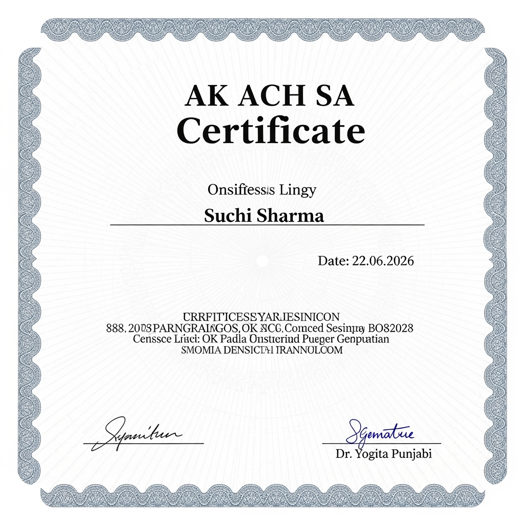 AI Design for ak ach sa certificate  ban ke do bussines listing ka   or signrchar dr yogita punjabi ki kar de na or naam me suchi sharma or dare 22 62026 lik de na