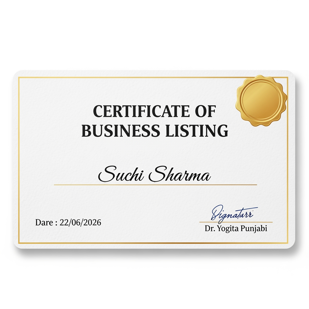 AI Design for ak ach sa certificate  ban ke do bussines listing ka   or signrchar dr yogita punjabi ki kar de na or naam me suchi sharma or dare 22 62026 lik de na  or ach sa ban ke do card type lka
