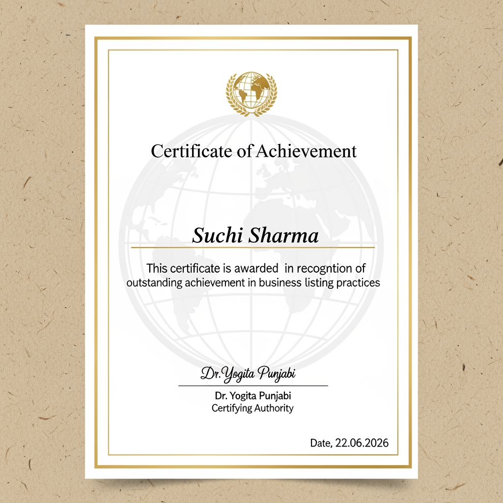 AI Design for ak ach sa certificate  ban ke do bussines listing ka   or signrchar dr yogita punjabi ki kar de na or naam me suchi sharma or dare 22 62026 lik de na