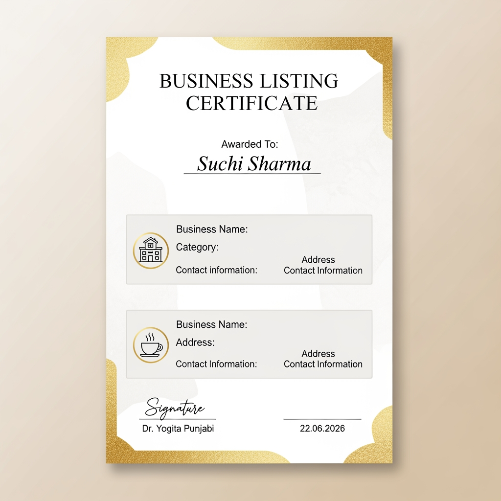 AI Design for ak ach sa certificate  ban ke do bussines listing ka   or signrchar dr yogita punjabi ki kar de na or naam me suchi sharma or dare 22 62026 lik de na  or ach sa ban ke do card type lka