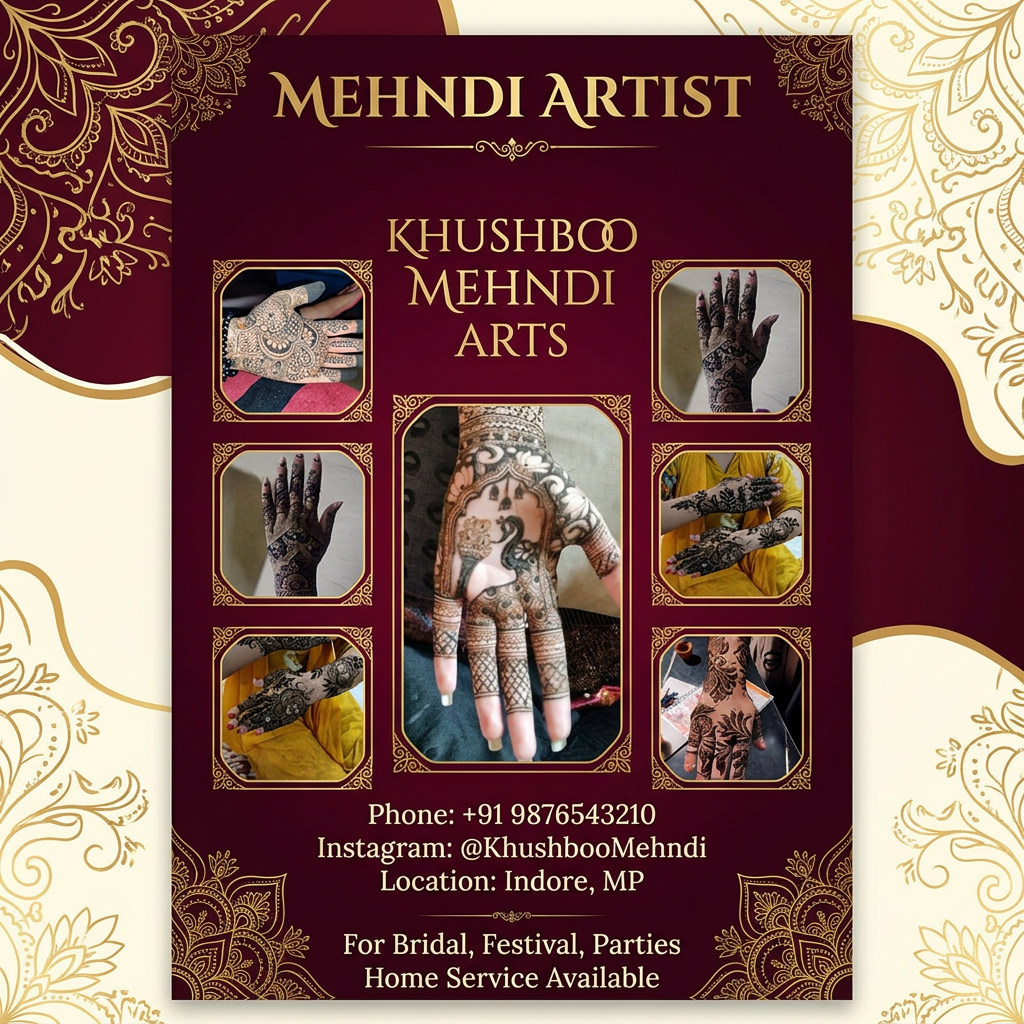 AI Design for Ak meadhi artist ke bare me ak card ban ke do or y sab mehdhi ki dign set kar do ach se