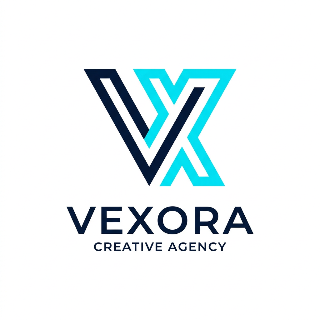 AI Design for A minimalist and modern professional monographic logo design for a creative agency named Vexora. Use a sleek, geometric aesthetic with a sophisticated color palette of deep navy and electric cyan, set against a clean white background to emphasize sharp lines and high-end typography.