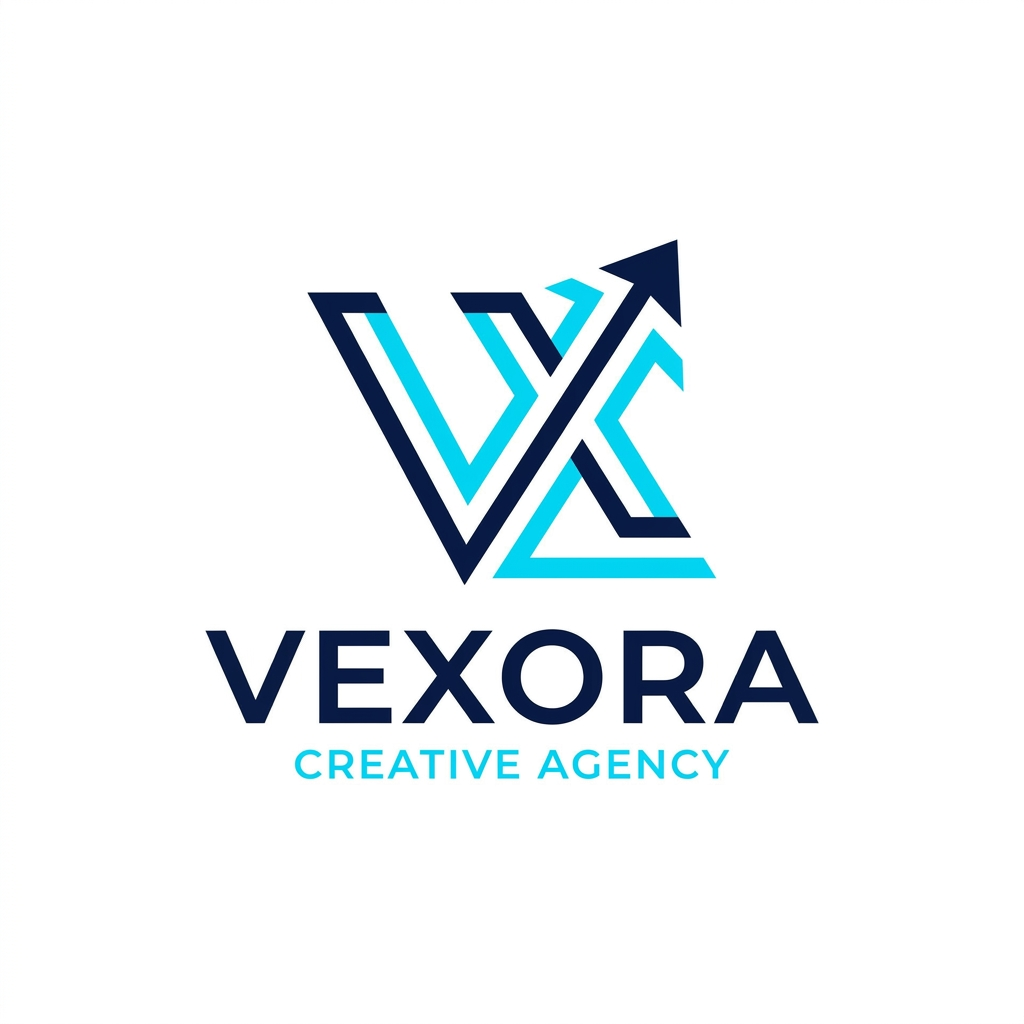 AI Design for A minimalist and modern professional logo design for a creative agency named Vexora. Use a sleek, geometric aesthetic with a sophisticated color palette of deep navy and electric cyan, set against a clean white background to emphasize sharp lines and high-end typography.