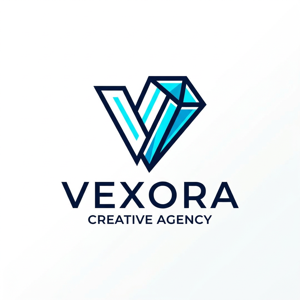 AI Design for A minimalist and modern professional gemetric logo design for a creative agency named Vexora. Use a sleek, geometric aesthetic with a sophisticated color palette of deep navy and electric cyan, set against a clean white background to emphasize sharp lines and high-end typography.