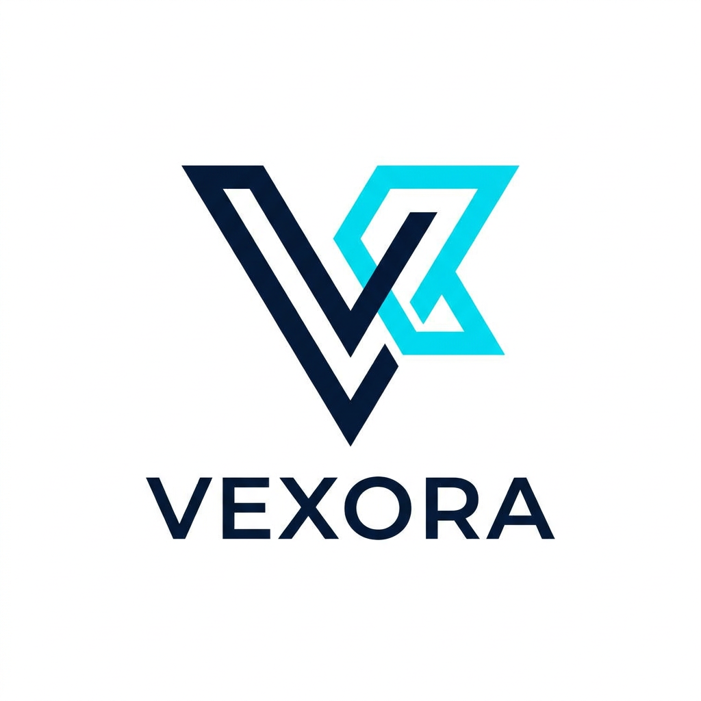 AI Design for A minimalist and modern professional monographic logo design for a creative agency named Vexora. Use a sleek, geometric aesthetic with a sophisticated color palette of deep navy and electric cyan, set against a clean white background to emphasize sharp lines and high-end typography.