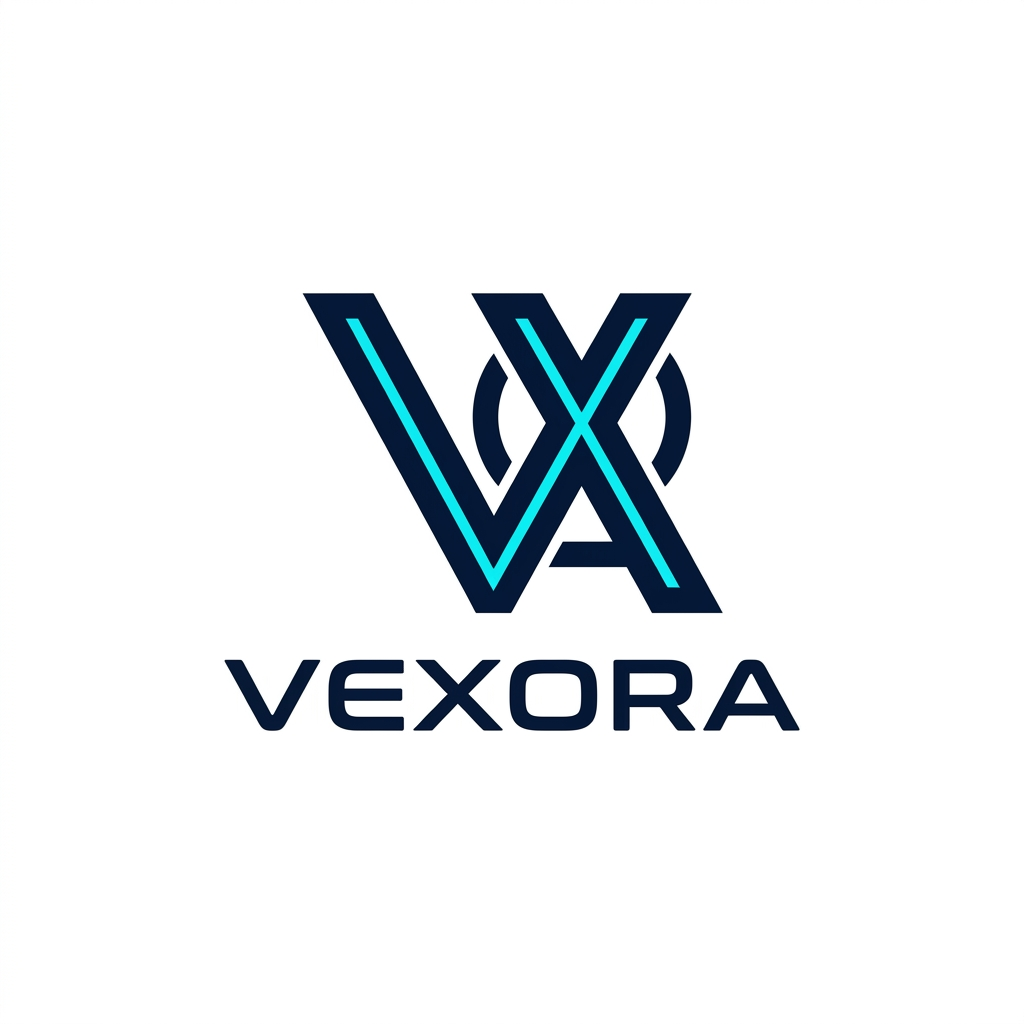 AI Design for A minimalist and modern professional monographic logo design for a creative agency named Vexora. Use a sleek, geometric aesthetic with a sophisticated color palette of deep navy and electric cyan, set against a clean white background to emphasize sharp lines and high-end typography.