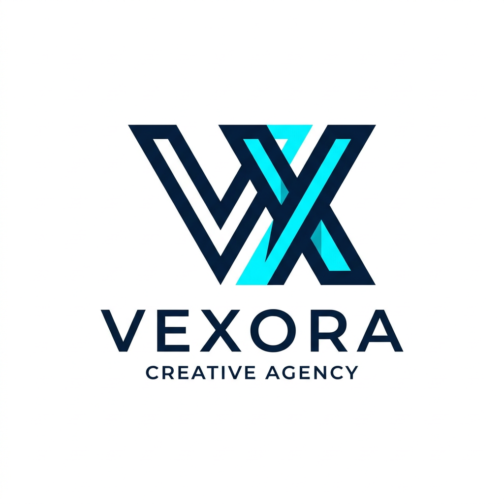 AI Design for A minimalist and modern professional logo design for a creative agency named Vexora. Use a sleek, geometric aesthetic with a sophisticated color palette of deep navy and electric cyan, set against a clean white background to emphasize sharp lines and high-end typography.