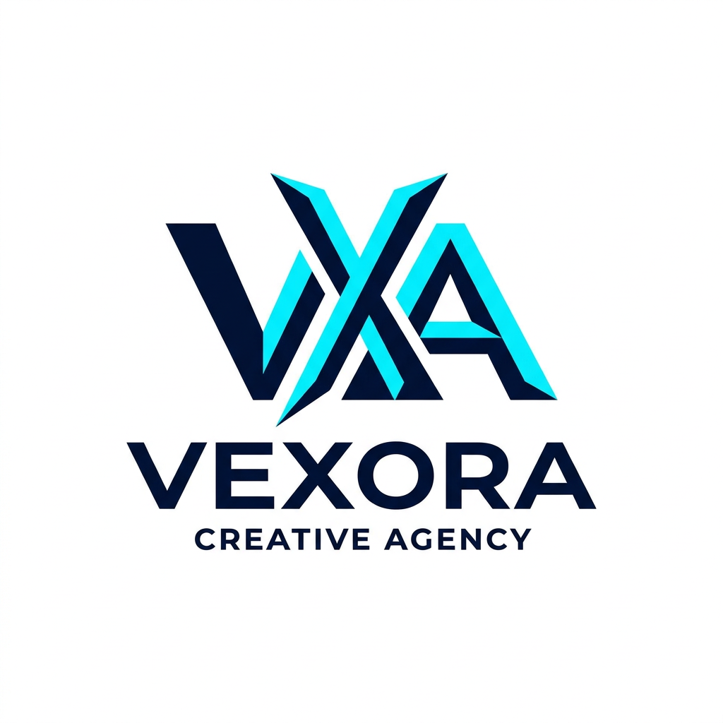 AI Design for A minimalist and modern professional logo design for a creative agency named Vexora. Use a sleek, geometric aesthetic with a sophisticated color palette of deep navy and electric cyan, set against a clean white background to emphasize sharp lines and high-end typography.
