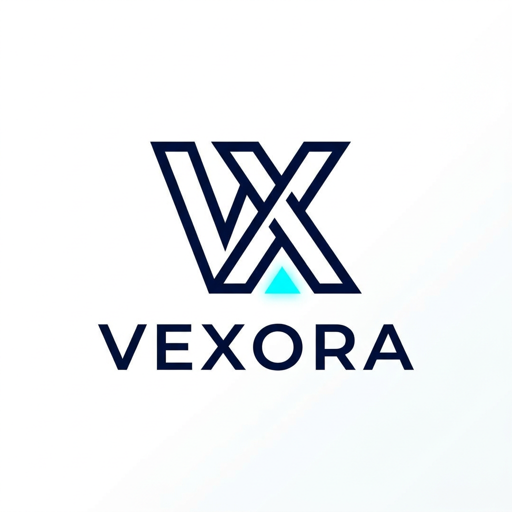 AI Design for A minimalist and modern professional gemetric logo design for a creative agency named Vexora. Use a sleek, geometric aesthetic with a sophisticated color palette of deep navy and electric cyan, set against a clean white background to emphasize sharp lines and high-end typography.