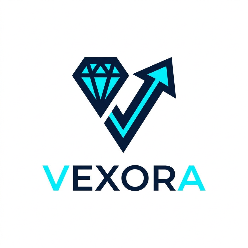 AI Design for A minimalist and modern professional gemetric logo design for a creative agency named Vexora. Use a sleek, geometric aesthetic with a sophisticated color palette of deep navy and electric cyan, set against a clean white background to emphasize sharp lines and high-end typography.