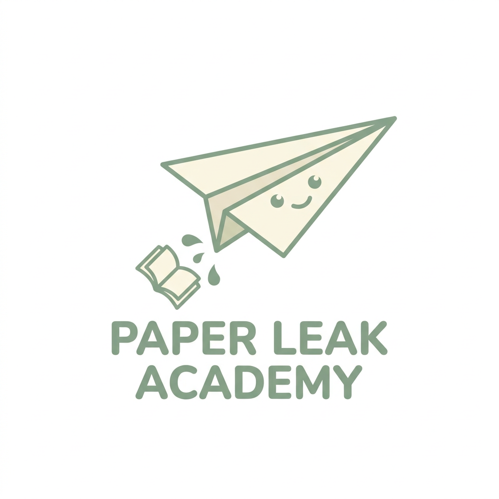 AI Design for A minimalist and charming logo design for 'Paper Leak Academy', featuring a stylized, friendly paper airplane character with a soft, inviting expression. Use a clean, flat vector aesthetic with a warm pastel color palette of sage green and soft cream, set against a solid white background to ensure a professional, relatable, and non-robotic feel.