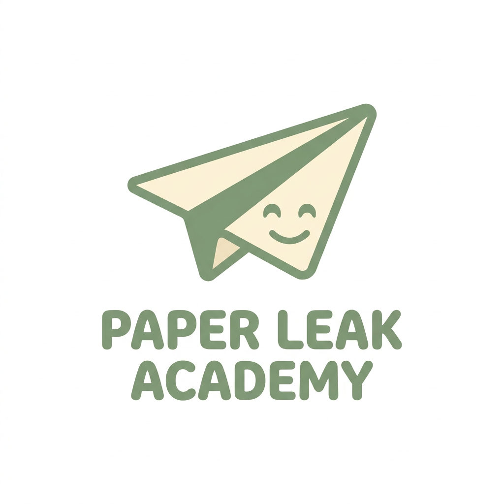 AI Design for A minimalist and charming logo design for 'Paper Leak Academy', featuring a stylized, friendly paper airplane character with a soft, inviting expression. Use a clean, flat vector aesthetic with a warm pastel color palette of sage green and soft cream, set against a solid white background to ensure a professional, relatable, and non-robotic feel.