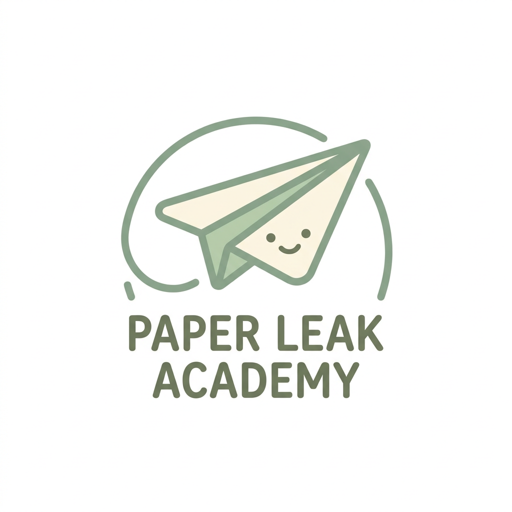 AI Design for A minimalist and charming logo design for 'Paper Leak Academy', featuring a stylized, friendly paper airplane character with a soft, inviting expression. Use a clean, flat vector aesthetic with a warm pastel color palette of sage green and soft cream, set against a solid white background to ensure a professional, relatable, and non-robotic feel.