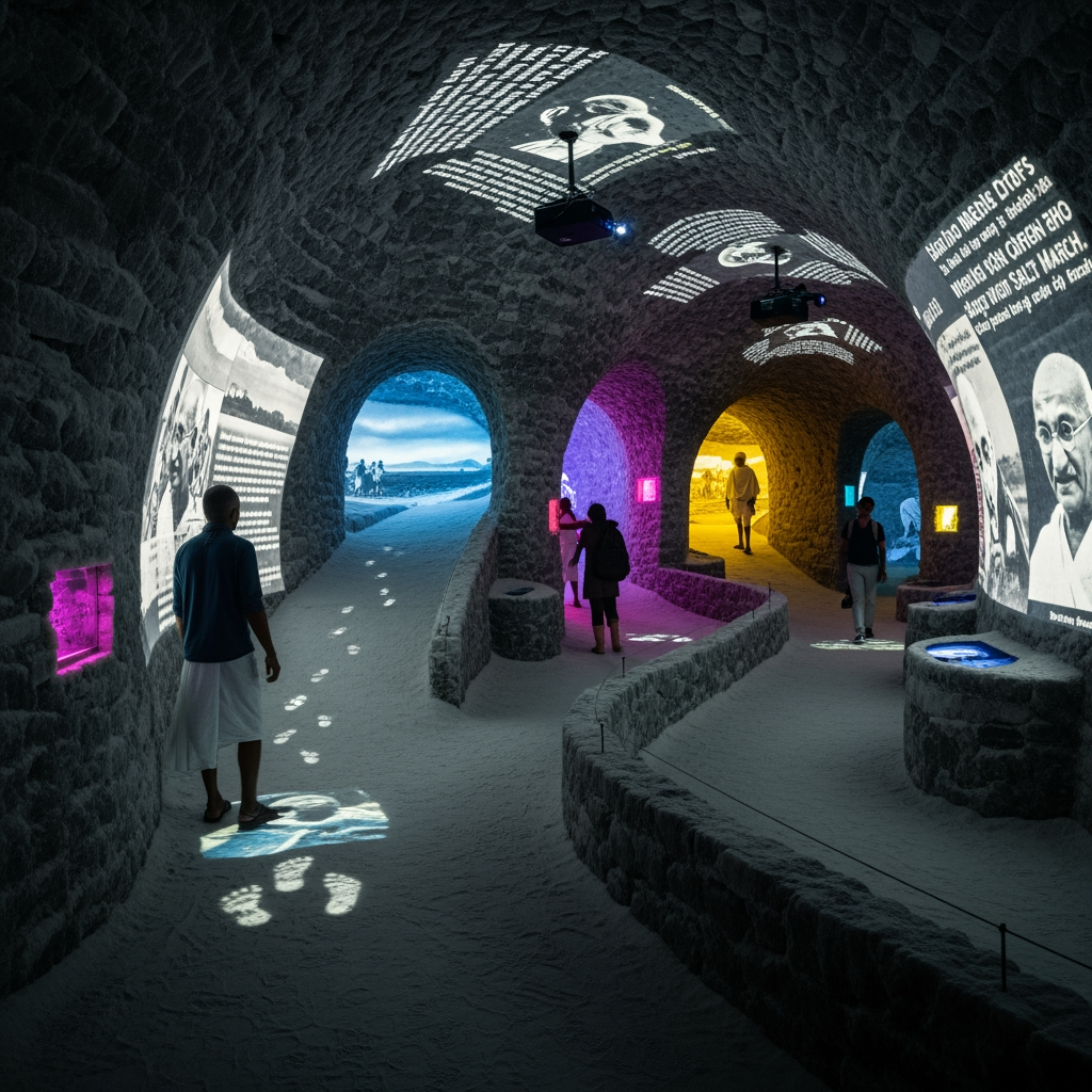 AI Design for THE JOURNEY (Primary)
Supported by Philosophy and Legacy
Not just the physical journey of the Salt March, but the transformation journey of an individual, a movement, and a nation.
The most powerful feeling people should experience is:
"I am becoming part of Gandhi's journey."
Because Dandi Kutir is not a memorial, not a statue, and not a conventional museum.
It is an experiential narrative museum where visitors physically move through Gandhi's life story inside the salt mound architecture.