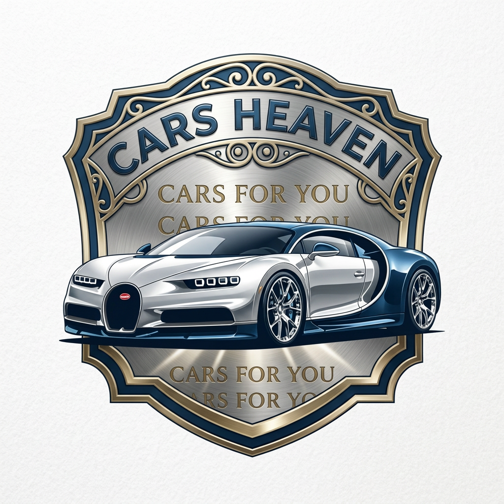 AI Design for make a lodo in which bugatti car and its logo name is CARS HEAVEN and cars are shiny add text in background and the text in CRAS FOR YOU make some different