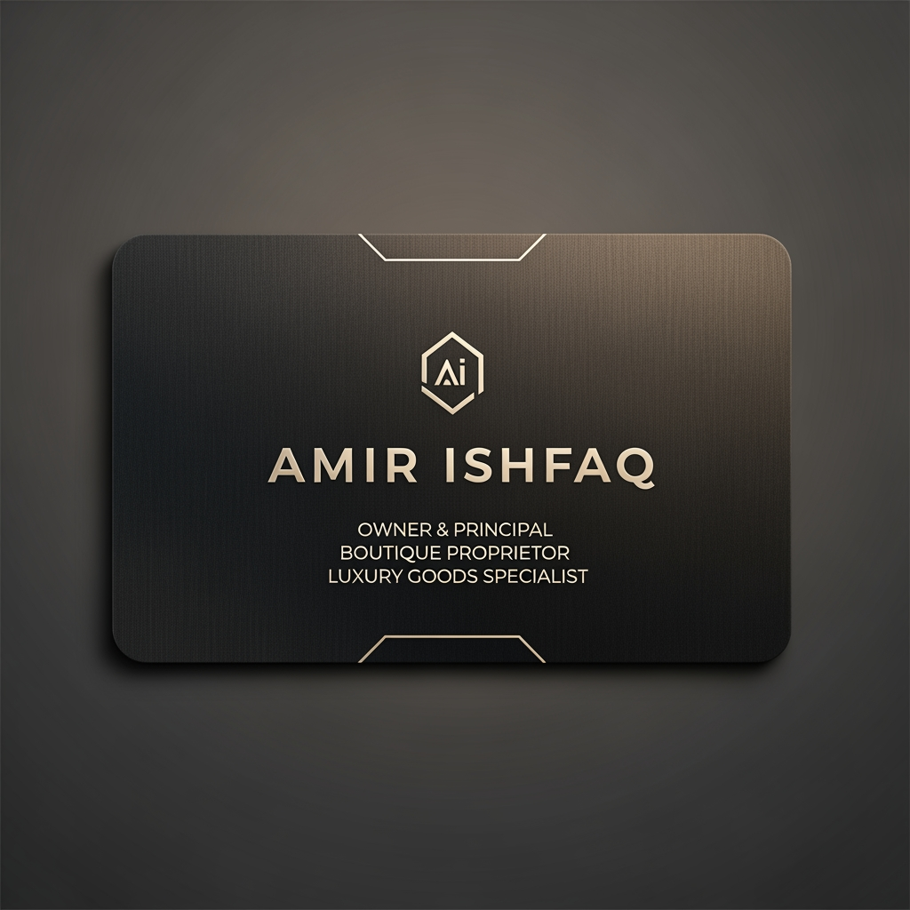 AI Design for make a shop card in which the owner name is amir ishfaq make high profile shop card